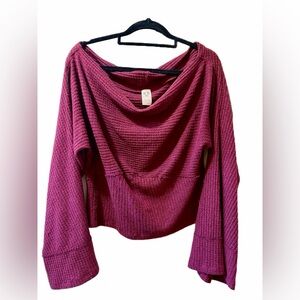 Free People Off-The-Shoulder Waffle Knit Sweater – Berry/Maroon